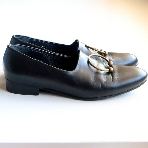 Freda Salvador Black Leather Low Heel Loafers Slip-on Shoes with Ring Detail - Picture 2 of 16